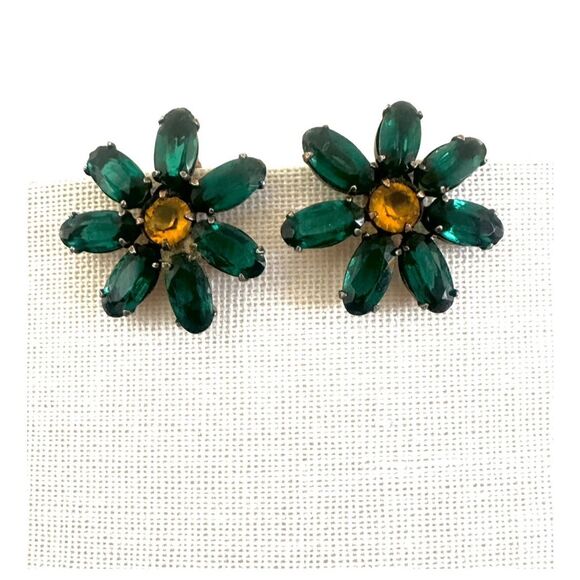Vintage Sterling Silver Green & Yellow Glass Flower Clip-On Earrings - Picture 1 of 7